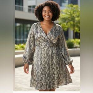 Ava & Viv Tan Long Balloon Sleeve Snakeskin Print Satin WrapDress Sz 1X Pockets